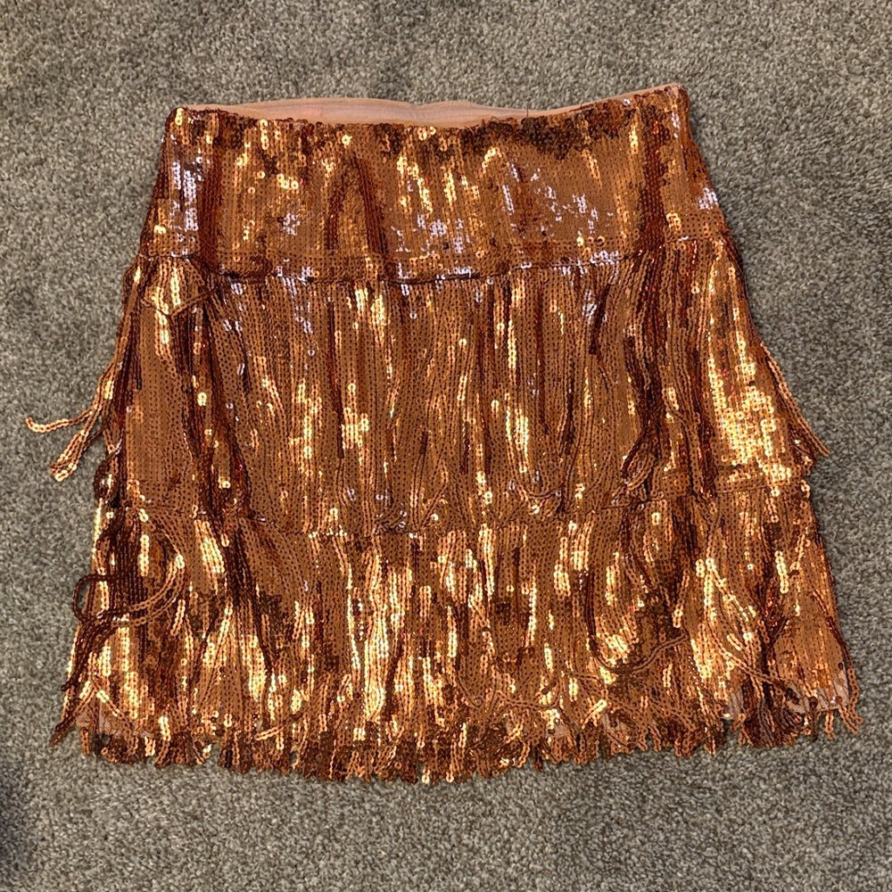 Anthropologie Sequin Fringe Skirt in Shimmering Copper